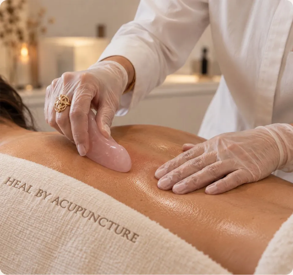 Gua Sha stone being stroked across a patient’s back