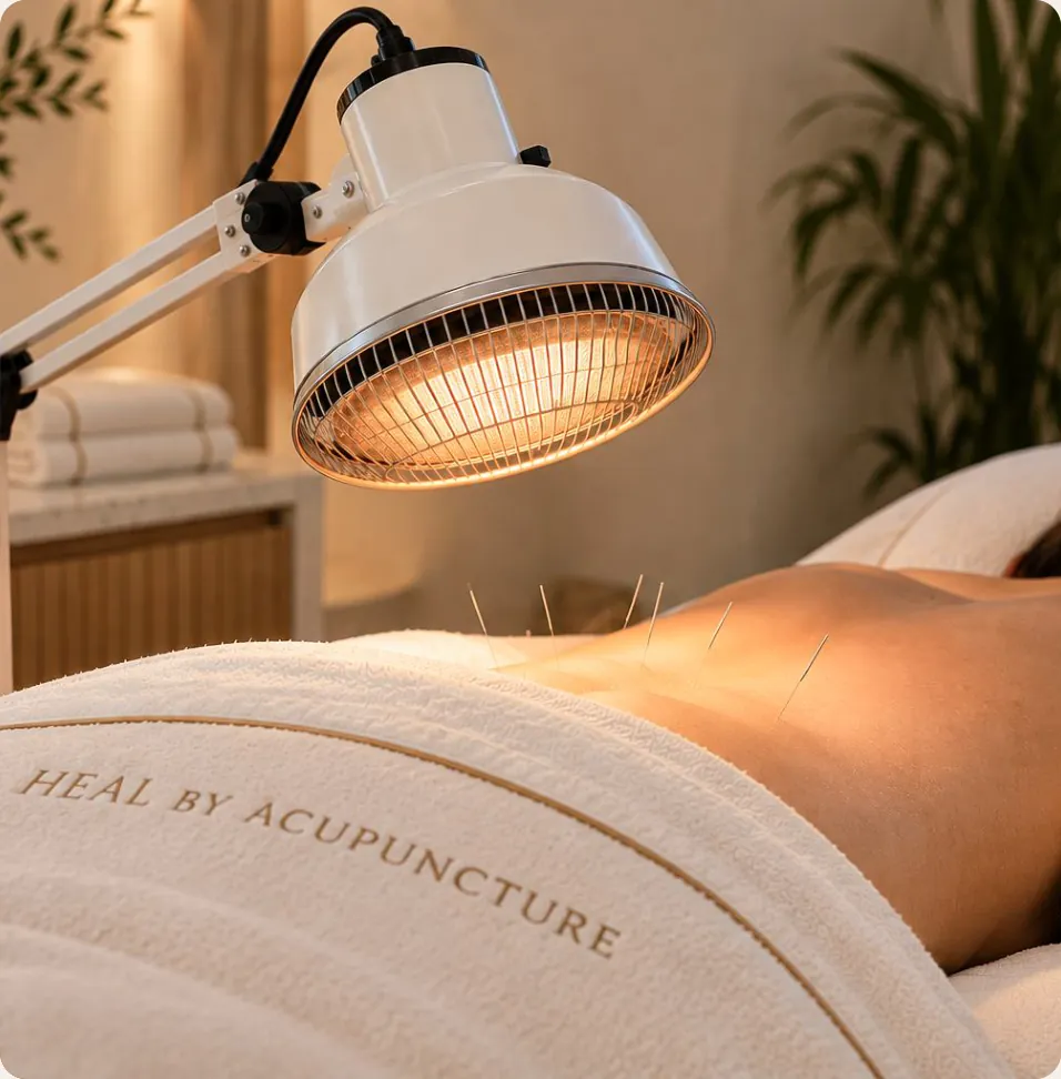 A TDP heat lamp warming a patient’s back during acupuncture